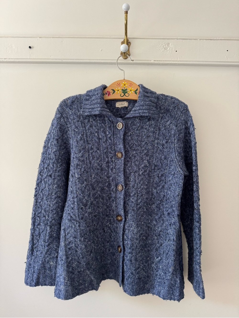 L.L. Bean Women's Heathered Navy Cable-Knit Button Cardigan